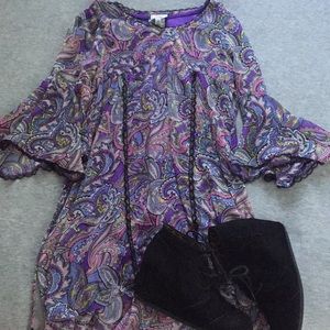 Purple Patterned Bell Sleeve Dress